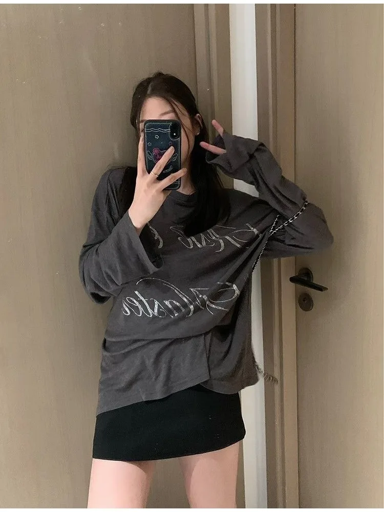 

HOUZHOU Oversized Gray T-shirts Women Korean Style Long Sleeve Tees Letter Rhinestone Thin Tops Casual Vintage Harajuku Fashion