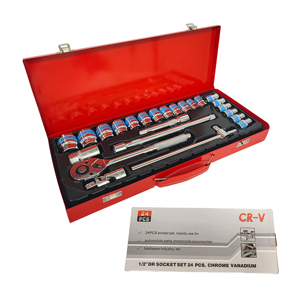 

Набор головок из 24 предметов, металлическая коробка, набор головок для отверток 1/2 дюйма, набор бытовых инструментов с храповым механизмом