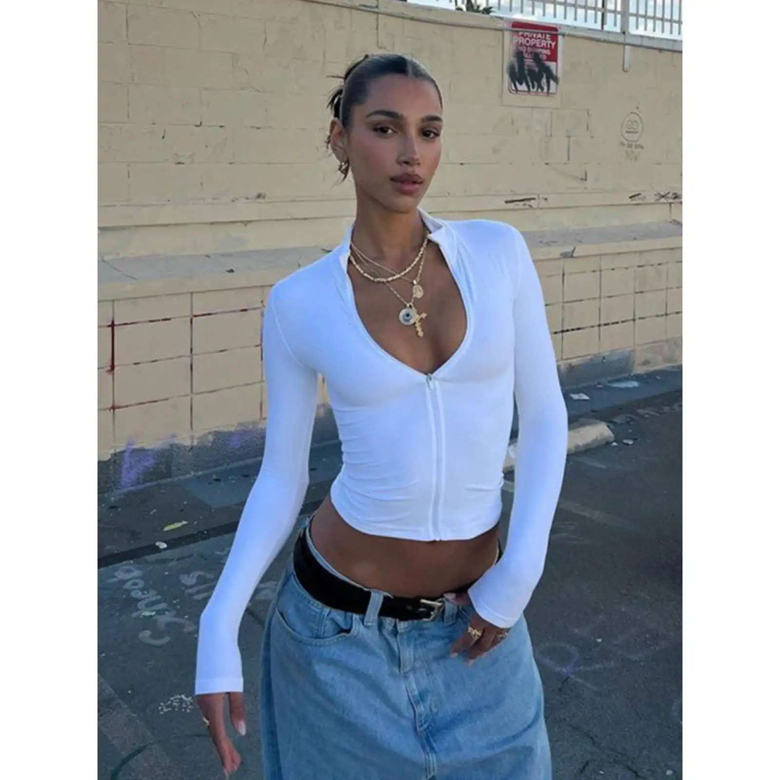 

Sexy Slim Fit Long Sve T-irt Zipper Design Street Sle Pure Color Top for Trendy Women Spring Faion Casual Wear