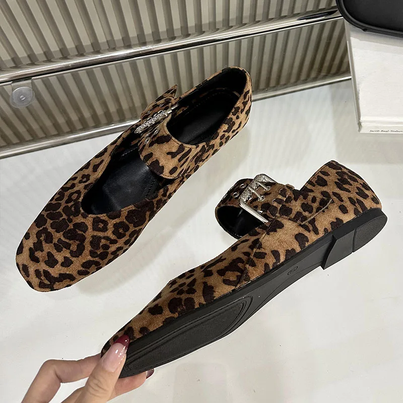 Designer Fashion Buckle Strap Mary Janes Women Flats Shoes Dress Footwear Leopard Print Female Soft Round Toe Ladies Flats Shoes