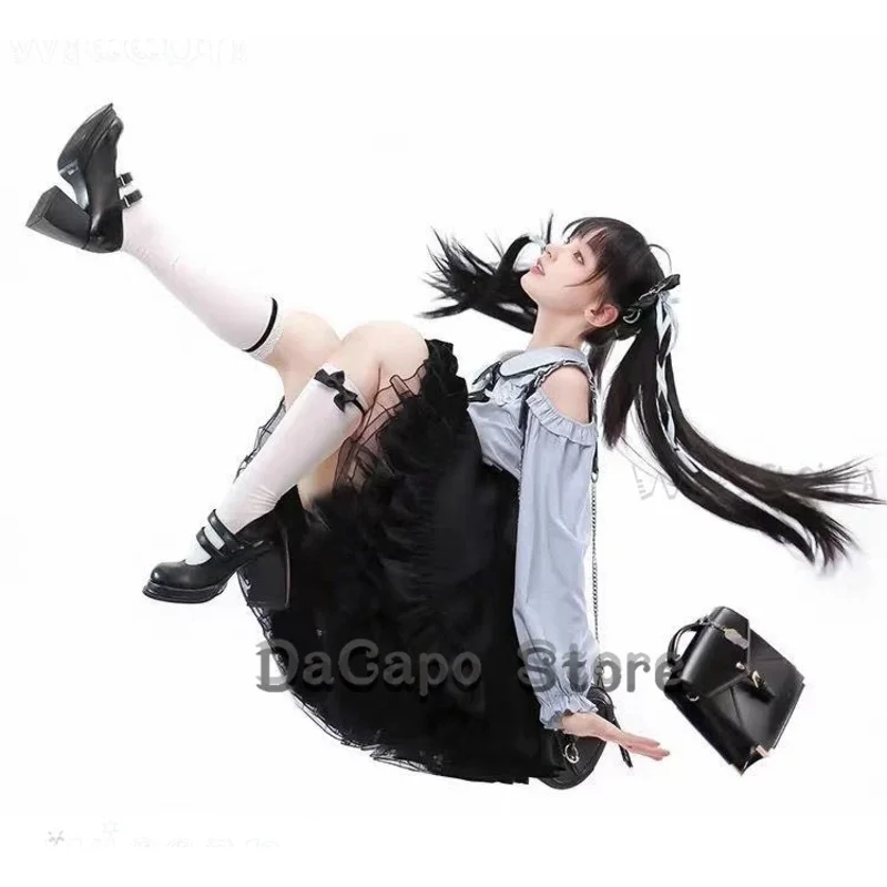 Jirai kei-Conjunto de falda Lolita JK para mujer, blusa con lazo Kawii, falda negra ajustada, traje azul para estudiantes japoneses y niñas, cuello Peter Pan