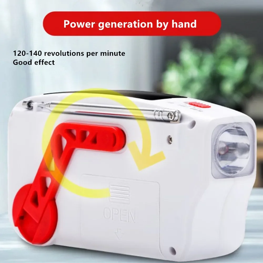 الطاقة الشمسية AM راديو FM في الهواء الطلق مصباح يدوي محمول LED ضوء الهاتف المحمول USB شاحن الطوارئ إنذار توليد الطاقة باليد