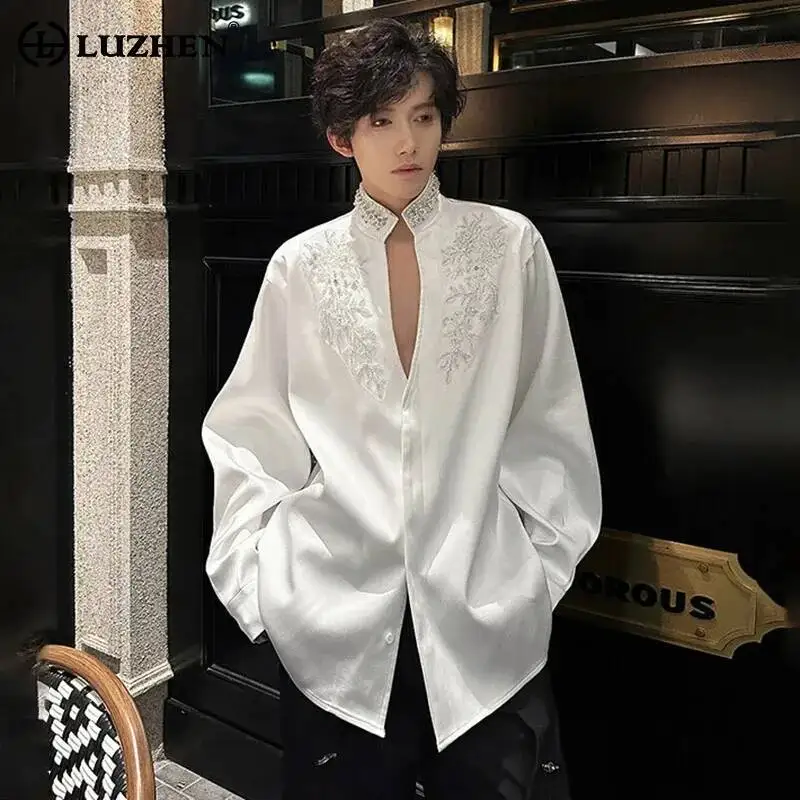 LUZHEN Sleeve Long Shirts Men's Luxury New 2025 Elegant Diamond Patchwork Neck Embroidery Pattern Handsome Tops Clothes JY8123