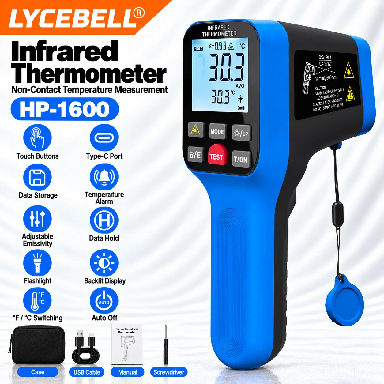 HoldPeak 1600B-APP Infrared Thermometer -50~1600°C Bluetooth APP Remote Monitor 30:1 Dual Laser Emissivity Adjustable
