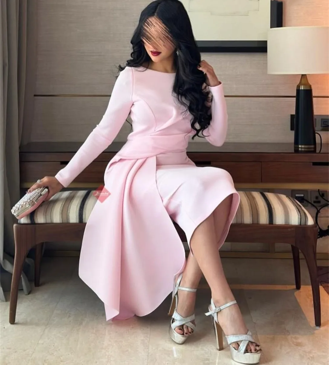 

Customized Shot Pink Evening Dresses with Ruffles Mermaid Crepe فساتين سهرة O-Neck Tea Length Prom Dress for Women
