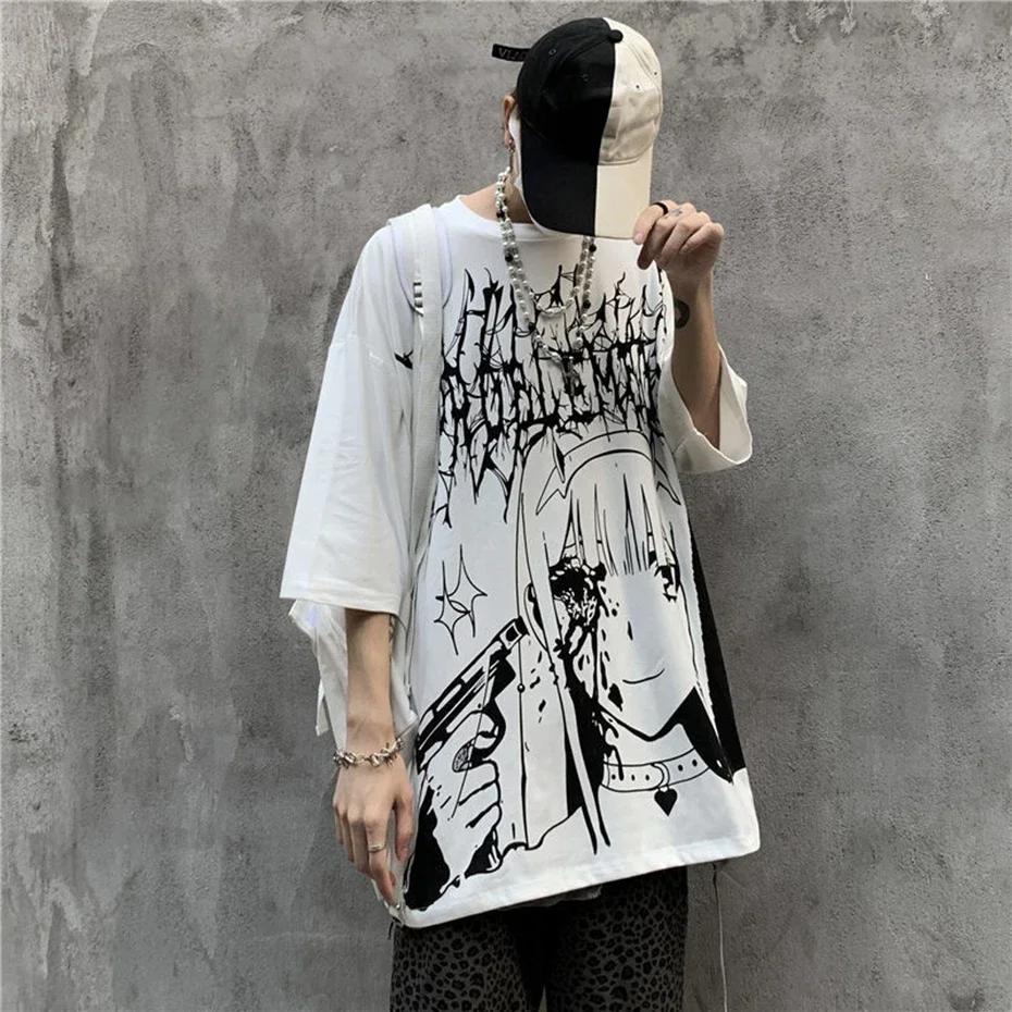 Maglietta per uomo maglietta grafica con stampa hip-hop gotica maglietta Oversize Anime Y2k T-shirt Harajuku Punk Tees magliette a maniche corte top