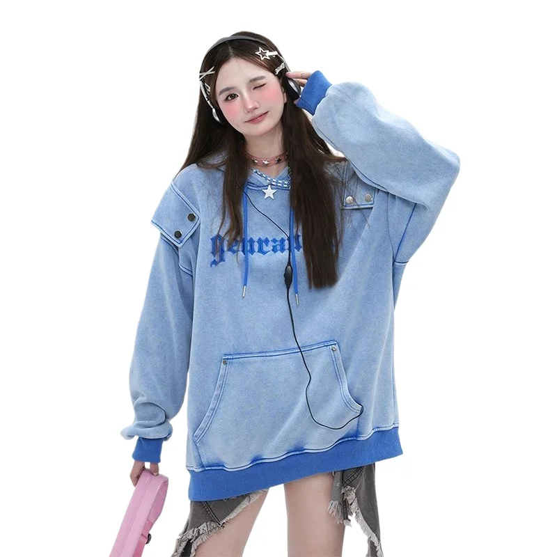 Large size 150kg American retro design sense embroidery letter splicing hooded sweater loose couple top fat mm