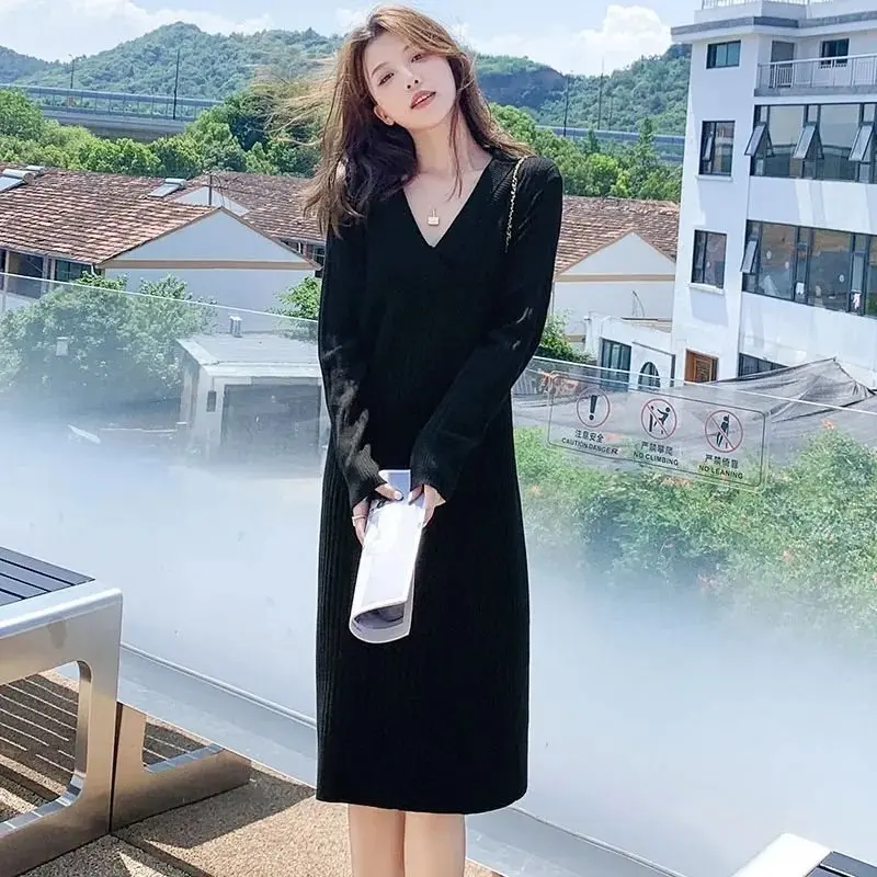 

Knee Length Pullovers Woman Elegant Sweaters Jumpers Womend Puff Shoulder French Rib Daily Kawaii Cotton Blend Cross Front High