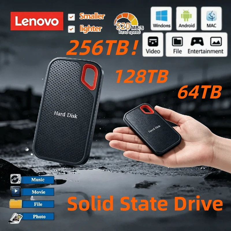 

Внешний твердотельный накопитель Lenovo E61 256 ТБ с 256-битным AES-шифрованием и быстрой передачей данных для бизнеса и профессиональных фотографов