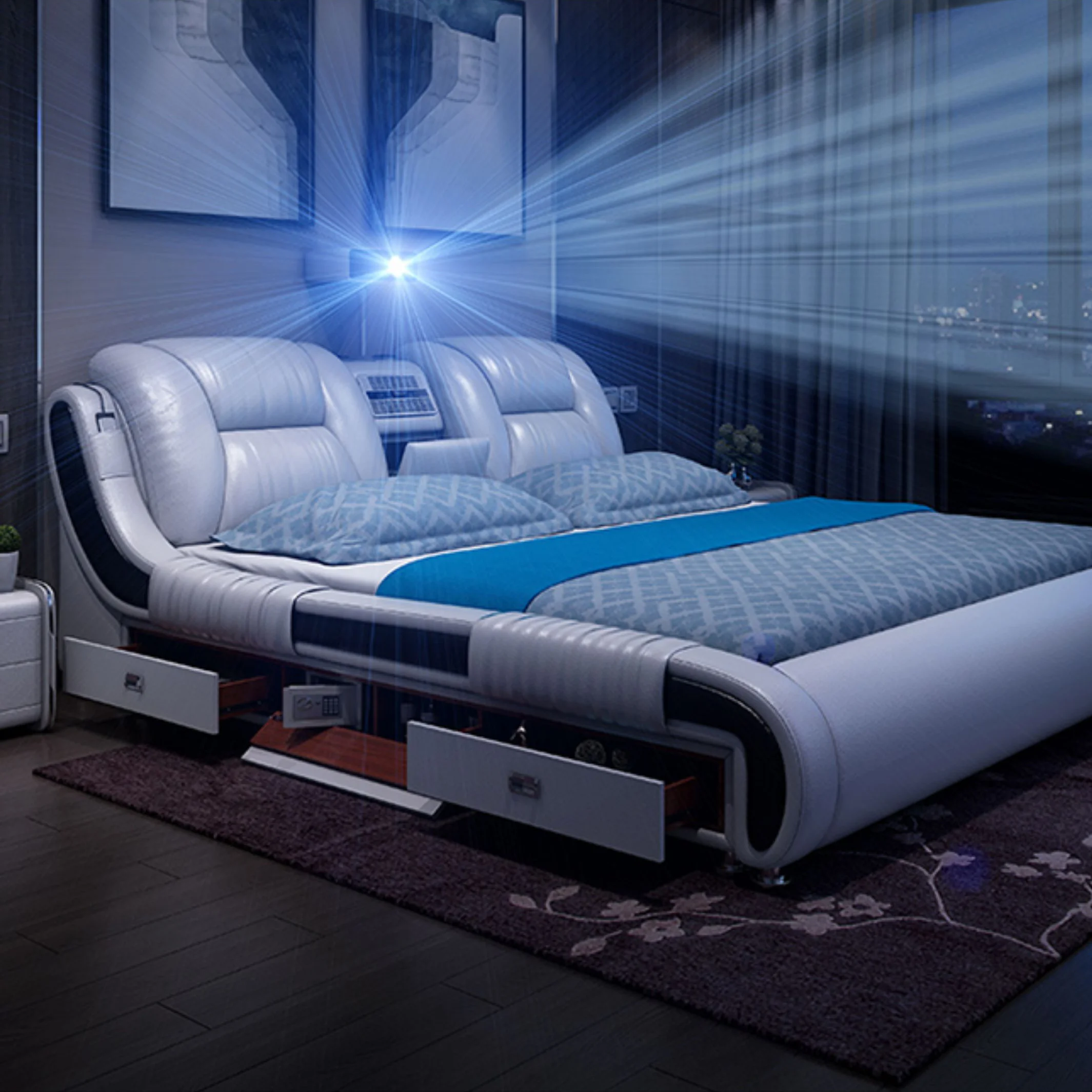 Hot Products Smart Leather Bed Speaker Air Purification Device Projector Soft Bed Deluxe King Upholstered Multifunctional Bed