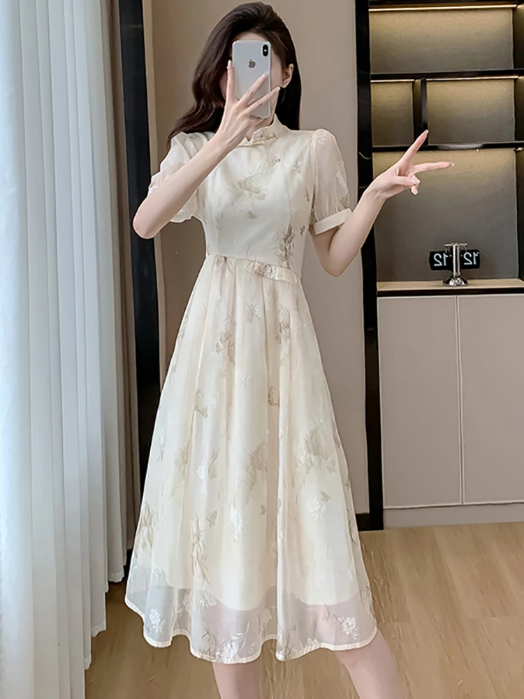 

Women Fashion Floral Patchwork Ruffled Casual Long Dress Summer Short Sleeve Stand Collar Cheongsam Dress 2025 Elegant Vestidos