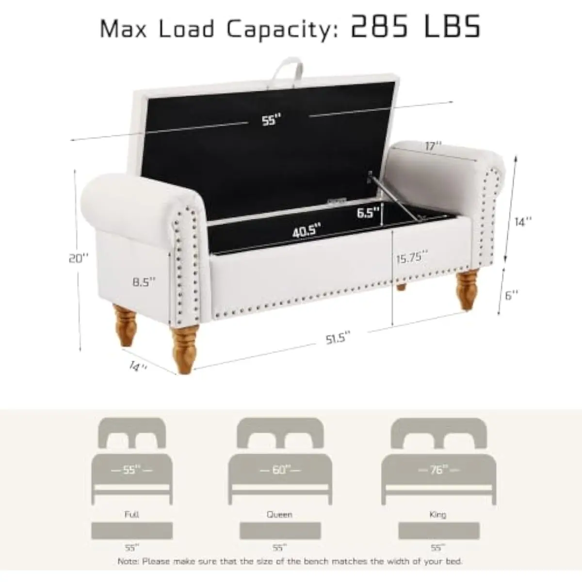 55-inch upholstered bench with concealed storage compartment, linen fabric in beige tone, solid wood frame, rolled armrests, nai