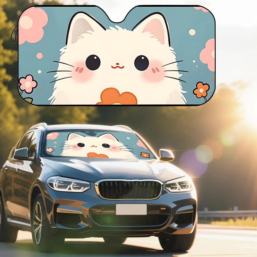 Charming Feline-Themed Car Sunshade for The Front Window Lovely Floral Design Provides Sun Protection for The Dashboard