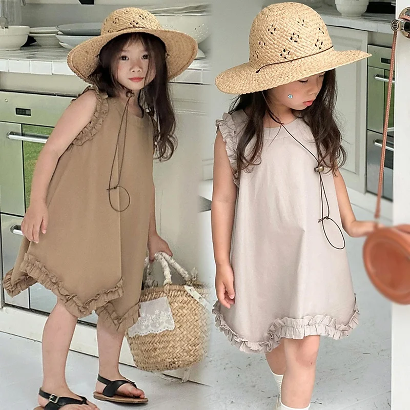 Spring Cotton Girls Casual Dresses Baby Girls Sleeveless Dress Little Girl Solid Color Puffy Dress Kids Clothing for Girl 1-8Y