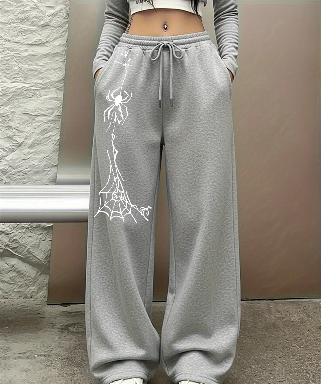 Y2K Gothic Schnelltrocknende Lose Jogginghose Unisex Schwarz-Weiß Spinnen- & Spinnennetz-Print Kordelzug Hip-Hop Sommer Street Lange Hose – Detail 4