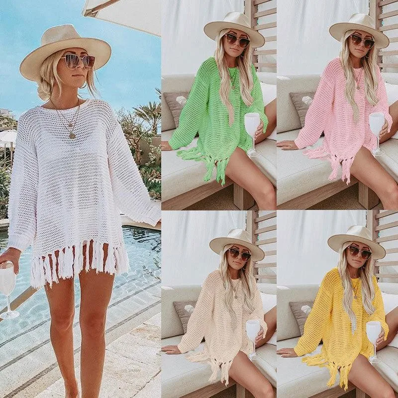 Sexy Womens Crochet Beach Dress See-through Beachwear Pareo Swimsuit Woman Bathing Suit White Dress Beach Cover Up Women Holiday