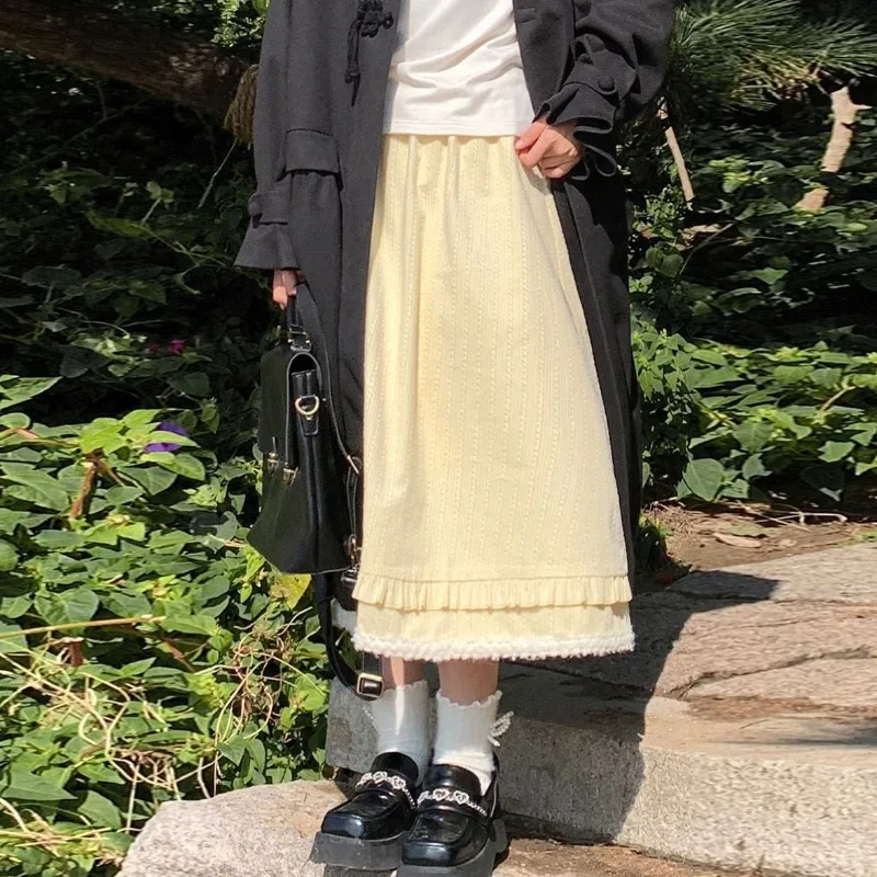 Sweet Kawaii College Style Autumn Winter Corduroy Ruffled Long Skirts for Women High Waist A Line Mori Girl Cute Vintage Skirts