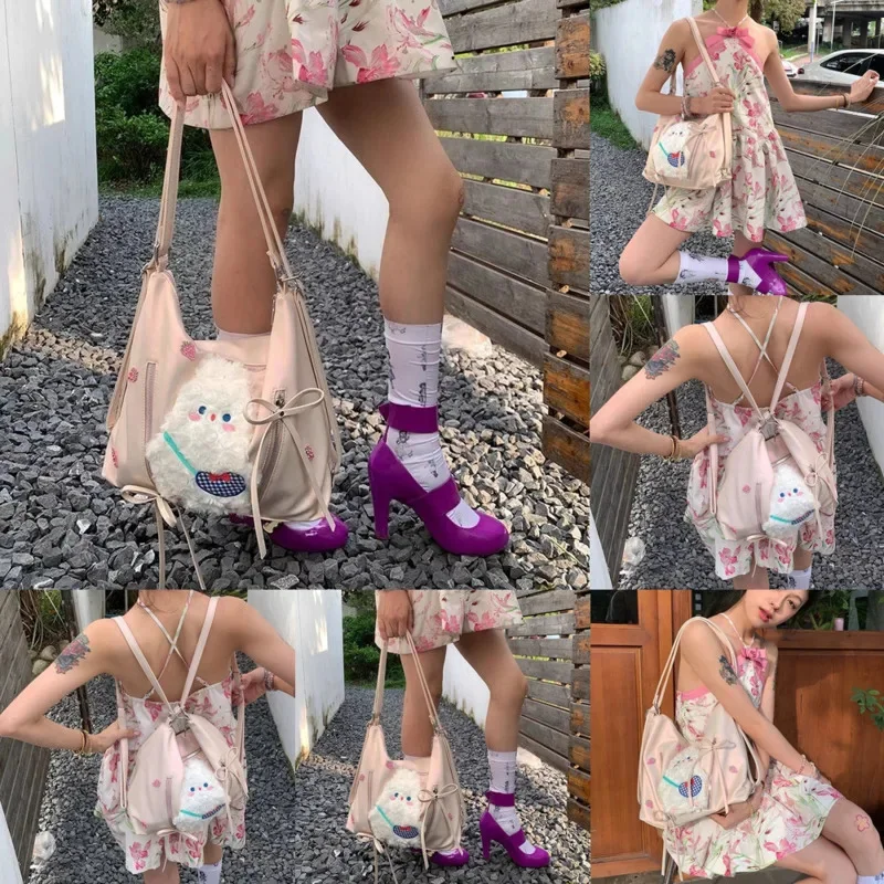 

Bow Rabbit Shoulder Bag Y2K Tote Bag Sunlight Desire Japan Korea Student Classroom Backpack Rabbit Large Capacity Storage Bag