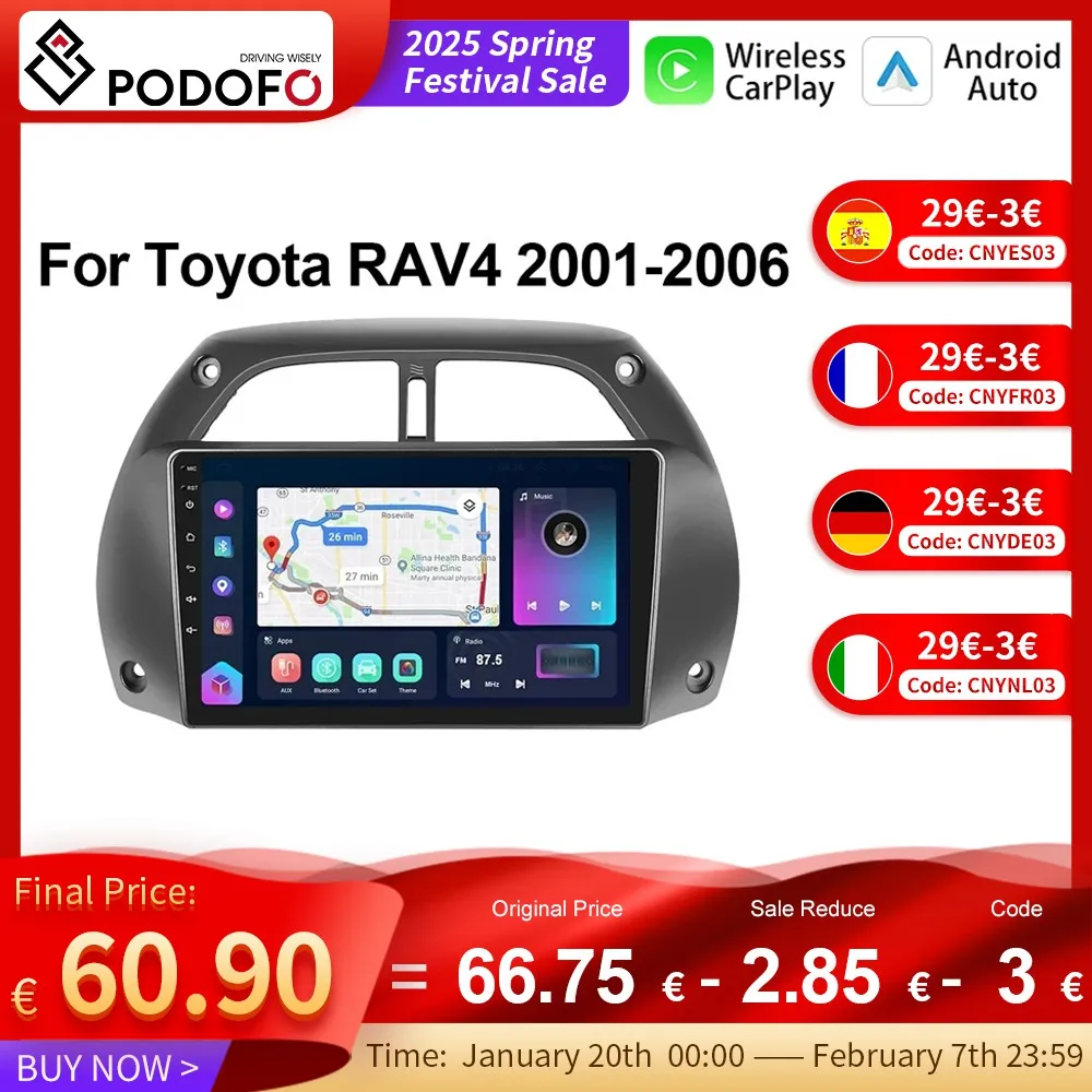 Podofo 4G CarPlay Android Radio For Toyota RAV4 2001-2006 Car Multimedia Player 2din Head Unit GPS Stereo AI Voice Autoradio DSP