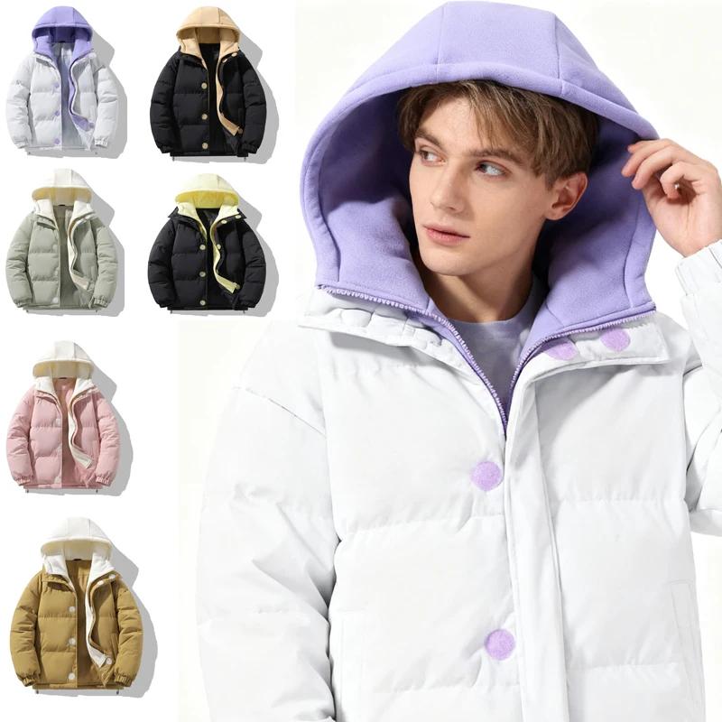 

Mens Hooded Two Piece Look Puffer Coat, Thick Warm Windproof Jacket, Asian Street Fashion Oversized Bomber for Autumn Winter