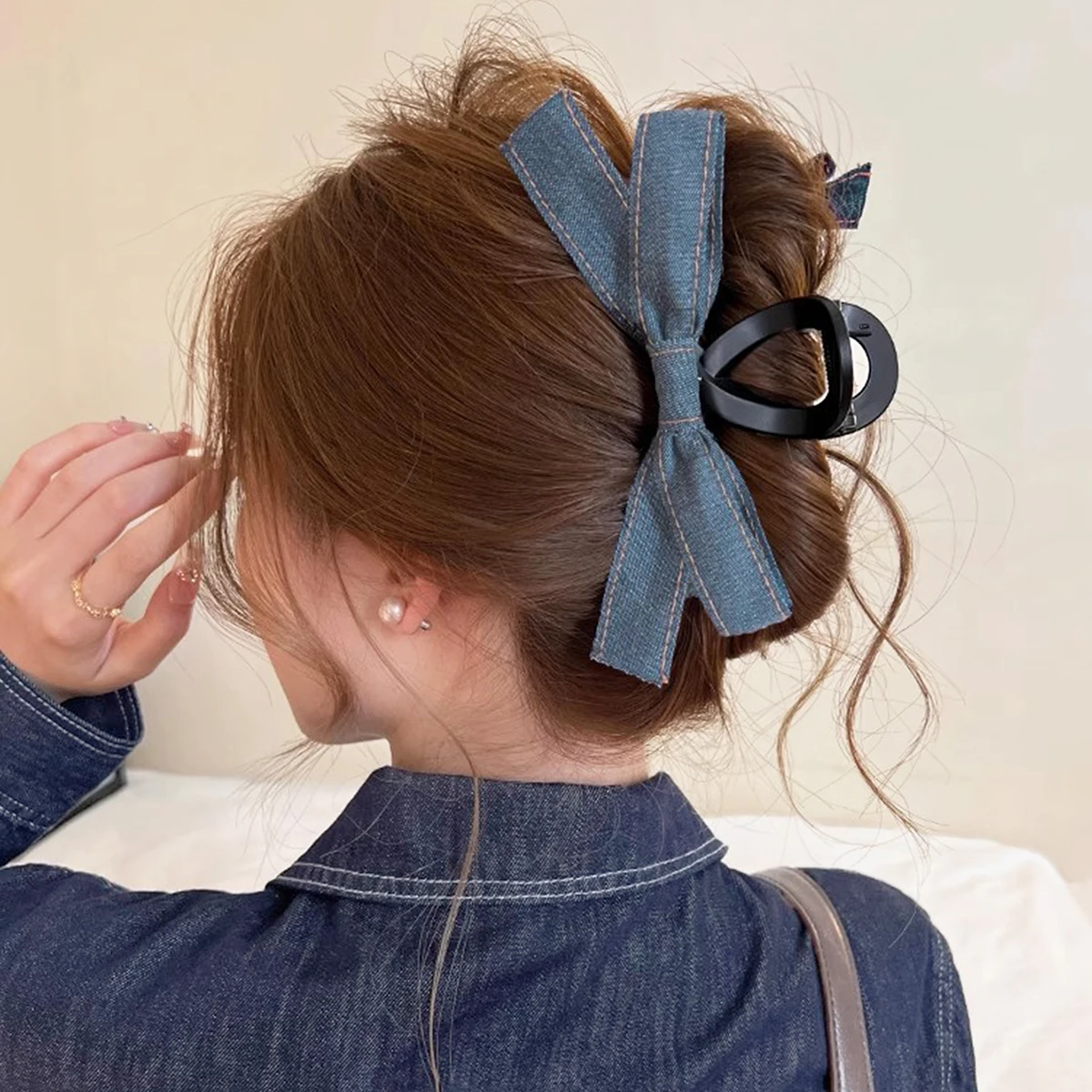 

1Pcs Korean Fashionable Denim Bow Grab Clip Simple Retro Hair Grabs Harajuku Versatile Hair Accessories Girl