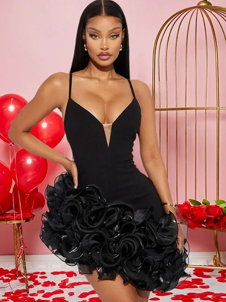 Hermoso minivestido rojo con volantes para mujer, vestido de noche de lujo con tirantes Glam, vestido de cóctel de Navidad ajustado, batas de Año Nuevo