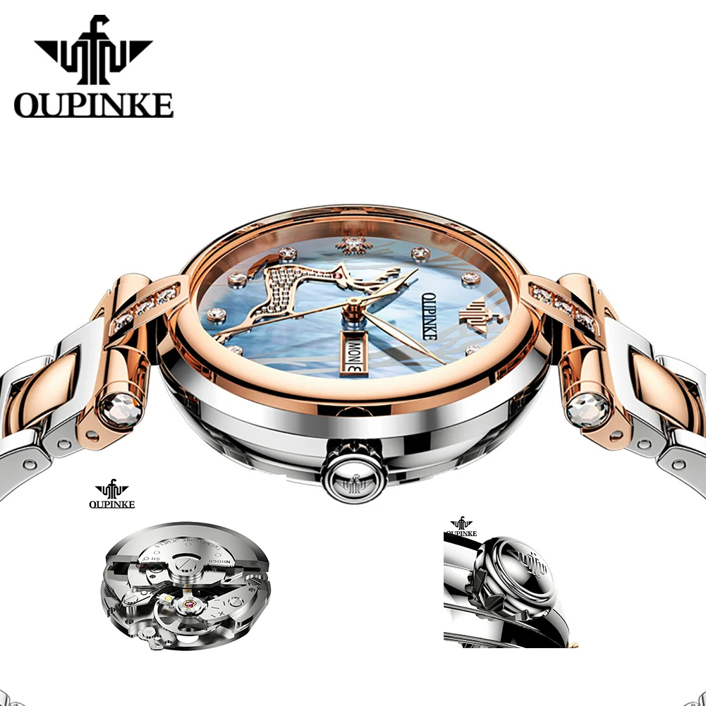 OUPINKE 3180 Luxury Elegant Womens Watches Automatic Mechanical Watch Elk Forest Waterproof Luminous Bracelet Set Gifts Reloj