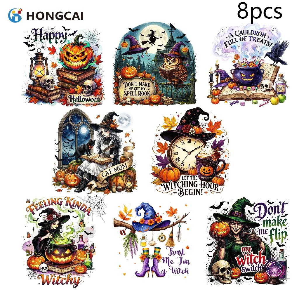 8Pcs Dark Halloween DTF Transfers, Forest Witch & Castle Heat Transfer for Long Sleeve T-Shirts, Washable Ready to Press