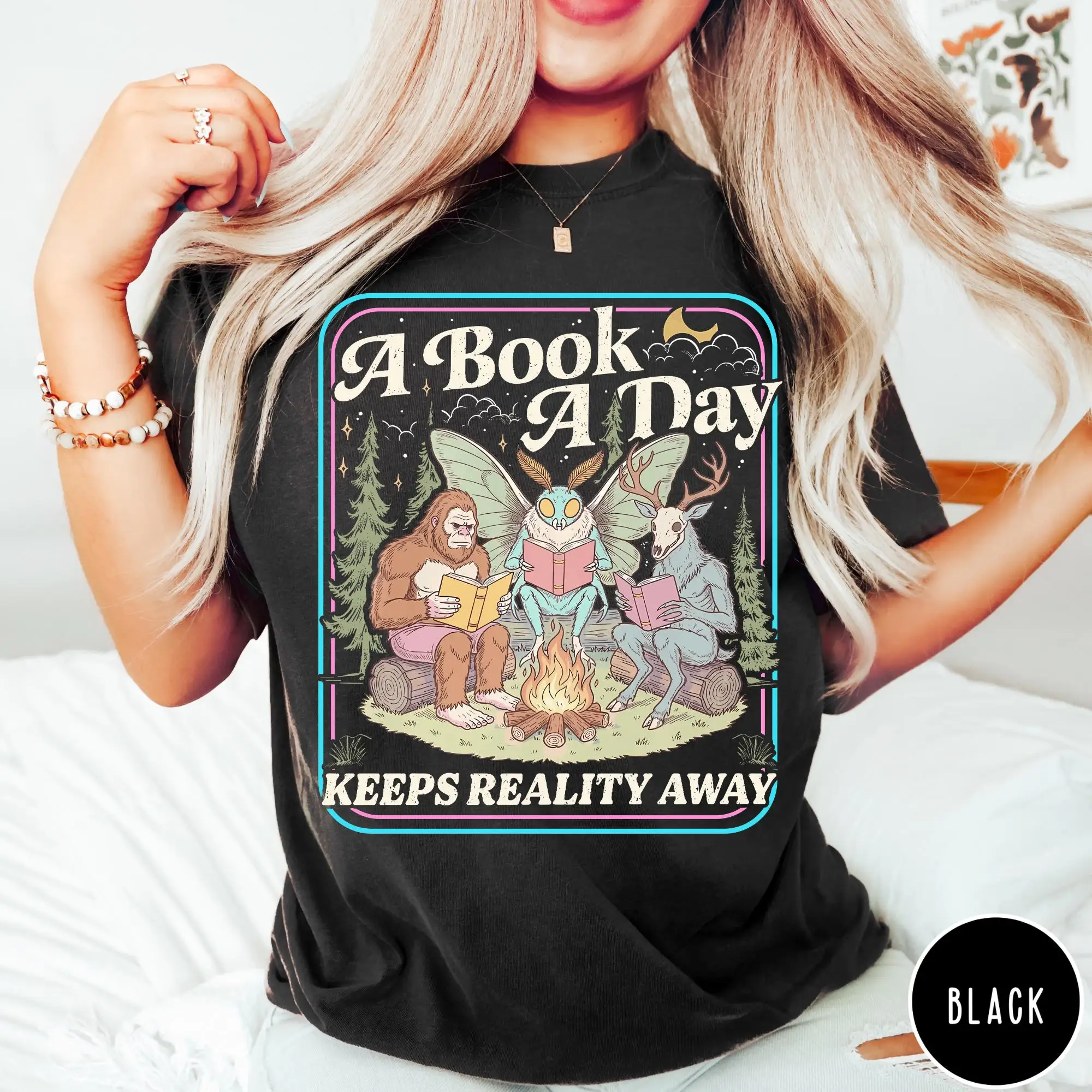 Bookish Cryptid Shirt, Retro Mothman Bigfoot Reading Graphic Tee T-shirt
