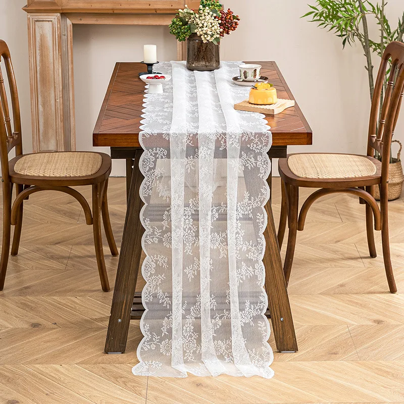 White floral lace table runner, vintage wavy hollow-out gauze, wedding table decoration, coffee table, American vintage style