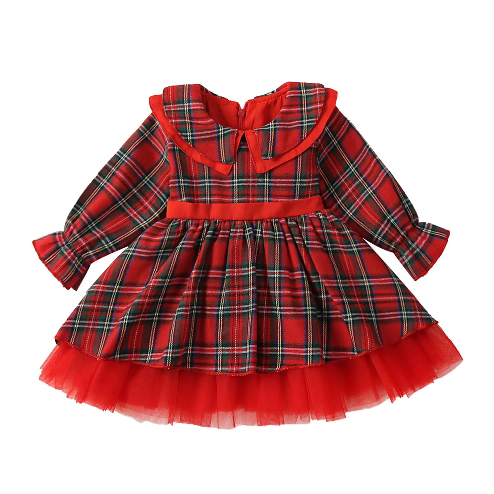 0-5Y Christmas Princess Kids Girls Autumn Dress 3 Colors Peter Pan Collar Long Sleeve Plaid Print Lace Tulle Tutu Bowknot Dress