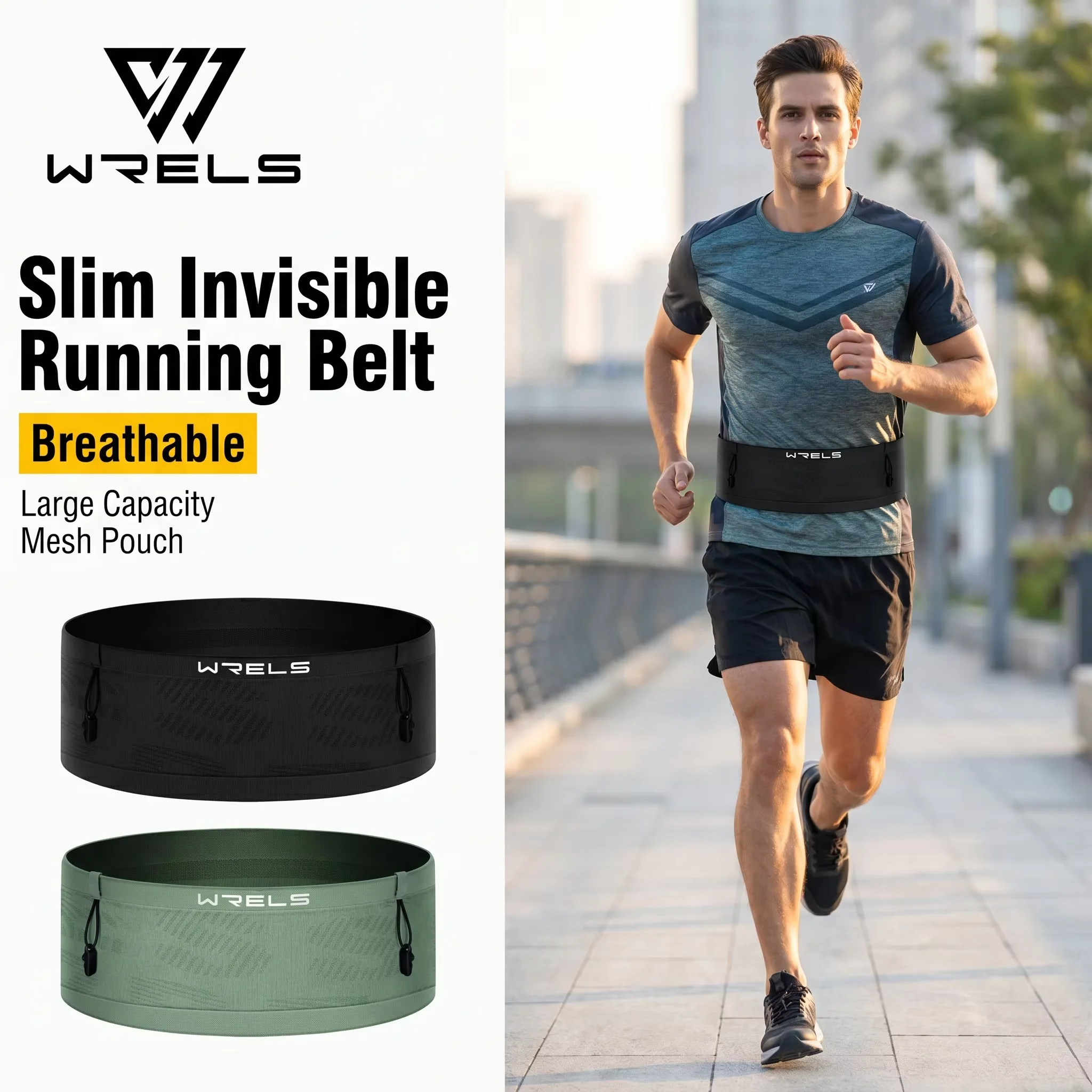WRELS Waist Pack Breathable Slim Running Belt High Elastic Fanny Pack Capacity Reflective Phone Holder Adjustable Running Pack