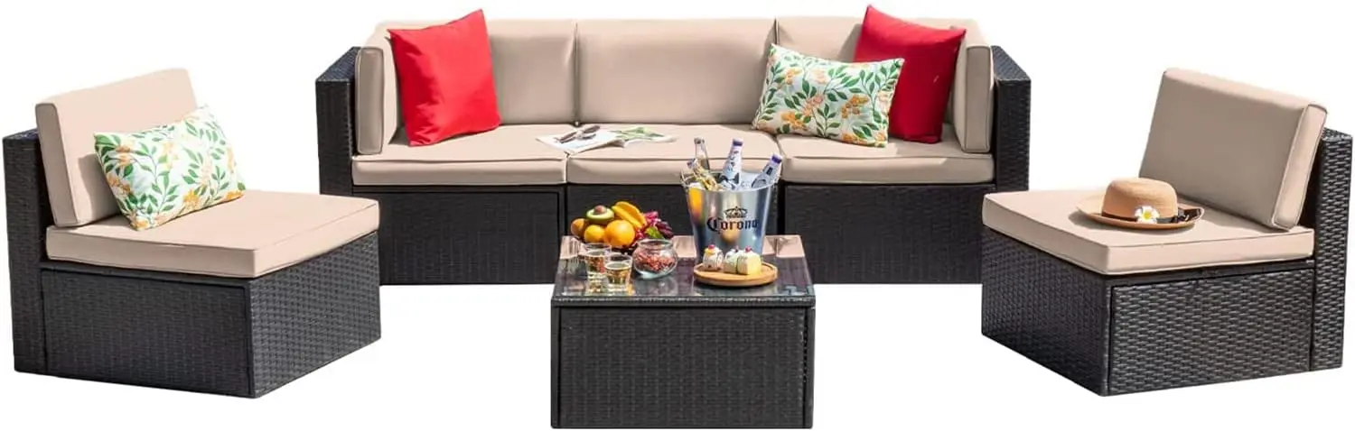 Patio Furniture Sets 6 Pieces Outdoor Sectional Rattan Sofa Manual Weaving Wicker Patio Conversation Set with Glass Table