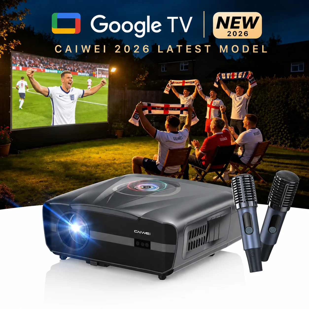 CAIWEI A9X 2026 Новый 4K UHD проектор с Google TV, 4200ANSI, Android 14, домашний кинотеатр, караоке, 2 микрофона, двойные 38-ваттные динамики, автофокус, смарт-функции.