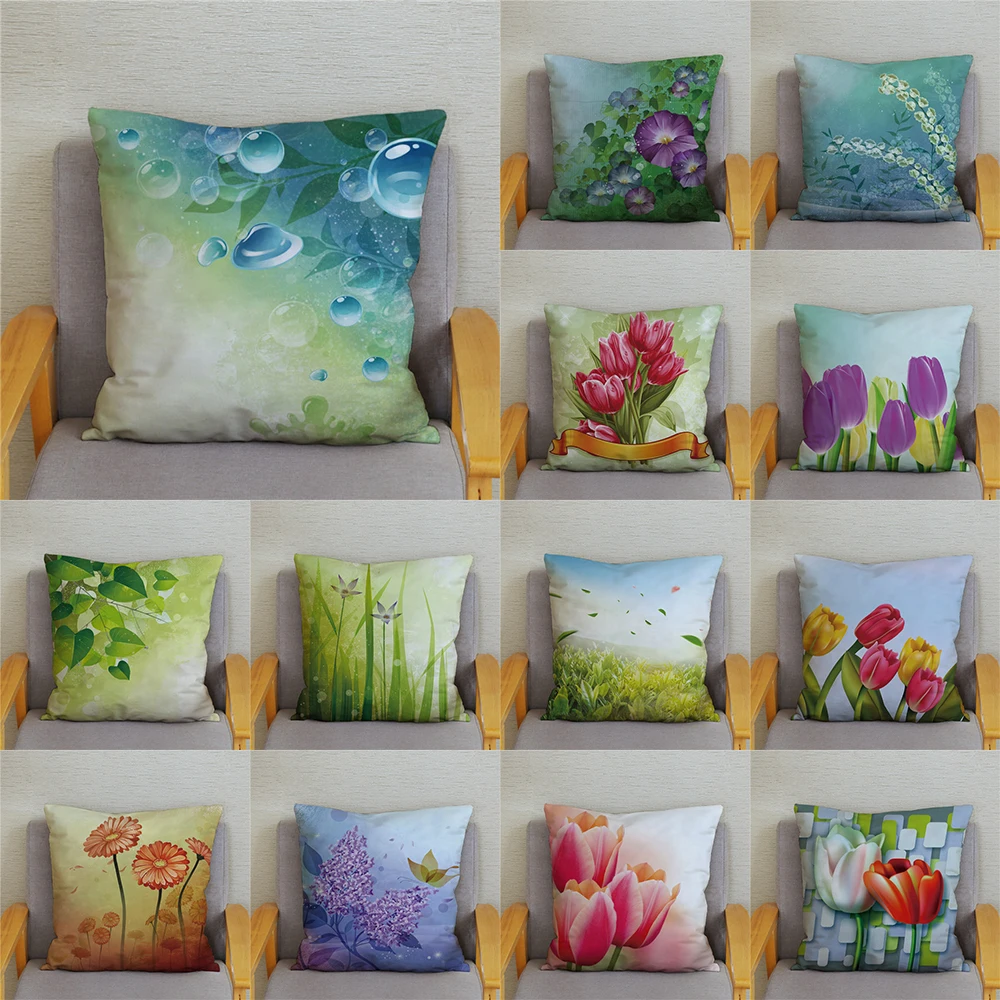 Tulip flower printed pattern cushion cover for home living room sofa decoration waist  pillow