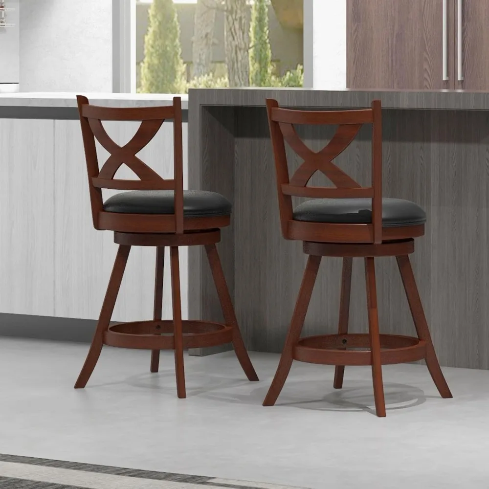 

Bar Stools Set of 2, 360° Swivel Counter Height Stools with Back, Solid Rubber Wood Frame, Leather Padded Seat.