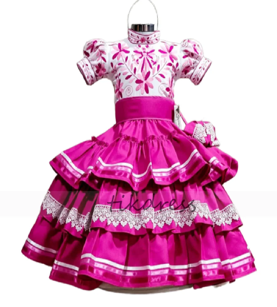 Embroidered Mexican Hot Pink Flower Girls Dresses Escaramuza Adelita Costume A Line Toddlers Birthday Dress Kids Pageant Party