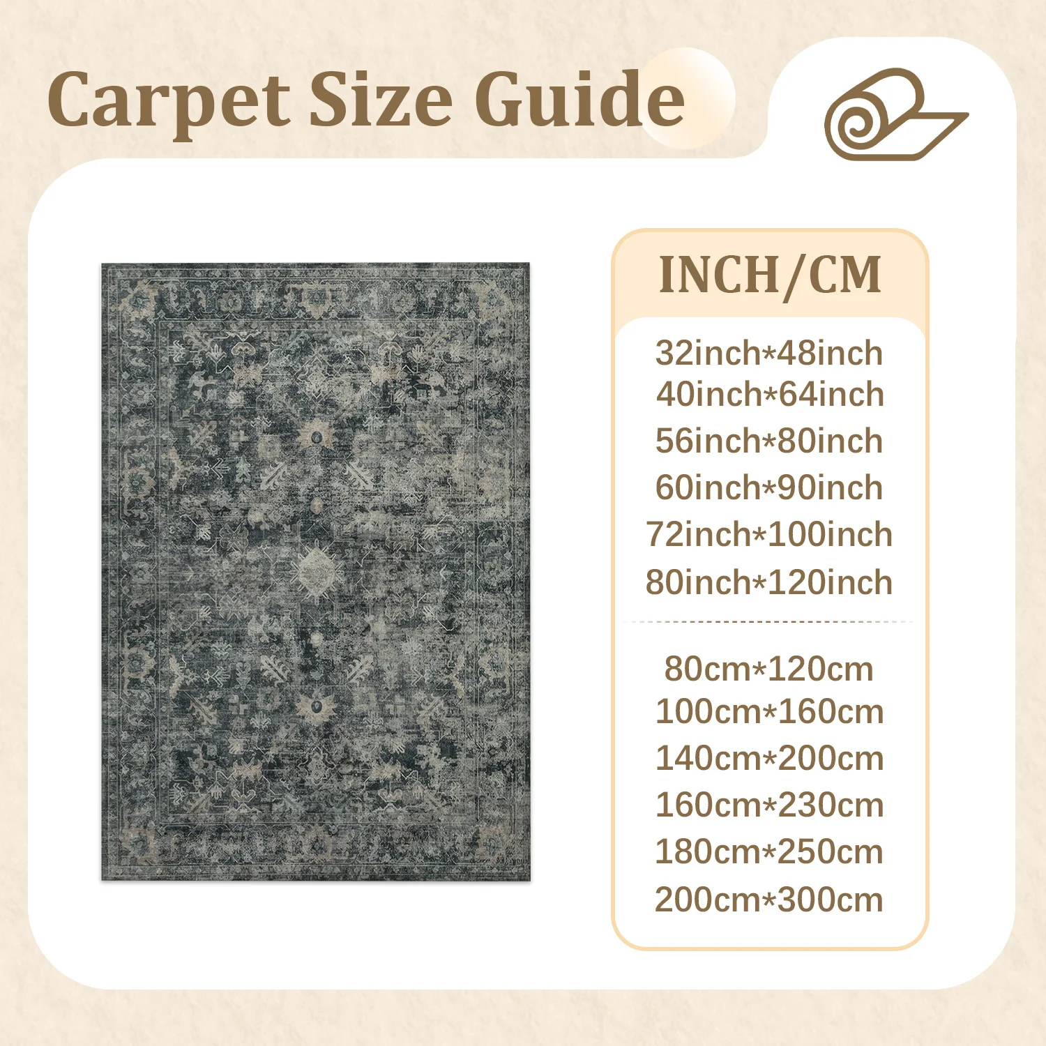 Large Indoor Area Rug, Soft Velvet Low Pile, Non-slip Dotted Backing, Machine Washable Vintage Distressed Oriental Pattern Rug for Living Room, Bedroom Muted Gray Home Floor Accent