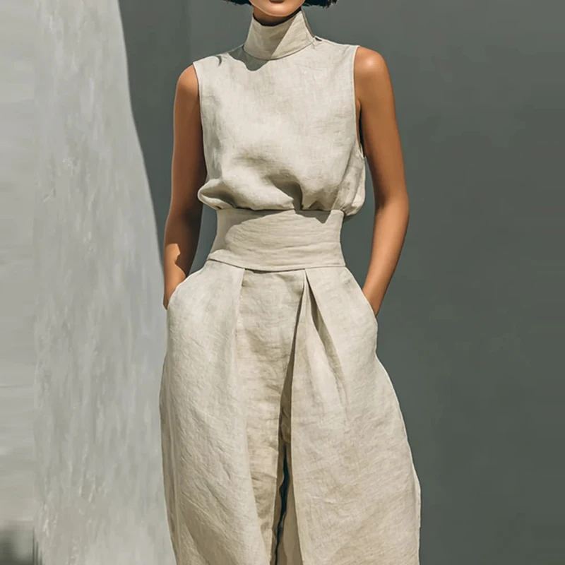 

Fashion Turtleneck Pullover Top & Pant Summer Sets Women's Elegant Cotton Linen Solid 2Pc Suit Casual Sleeveless Pocket Outfits