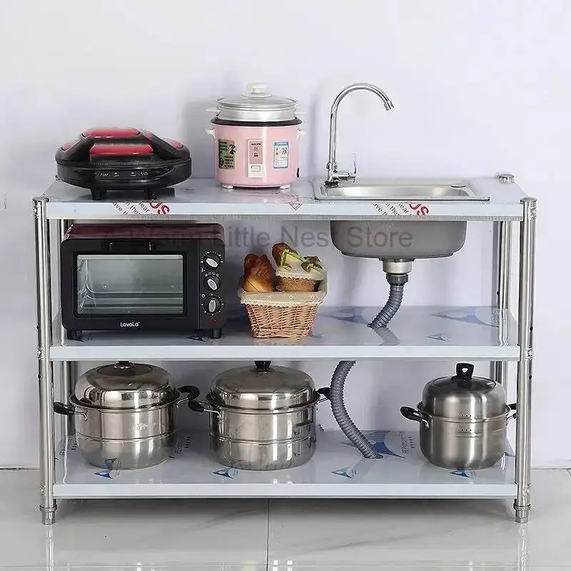 

Стальная коммерческая кухонная мойка из нержавеющей стали с аксессуарами, тумба-стеллаж для хранения, трехуровневая подставка для раковины для балкона и сада