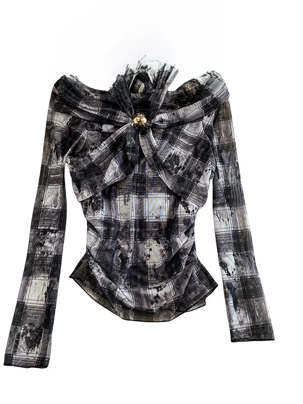 เสื้อท็อปผู้หญิงทรงเข้ารูปพิมพ์ลายสีสันสดใส แขนยาว คอวี ผูกเชือกเอวสูง จับจีบด้านข้าง ช่วยพรางหุ่น เหมาะสำหรับฤดูใบไม้ร่วง