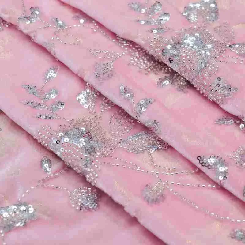 

Silver three-dimensional beaded tubes embroidered gold lines woven sequins wedding dress women's fabric