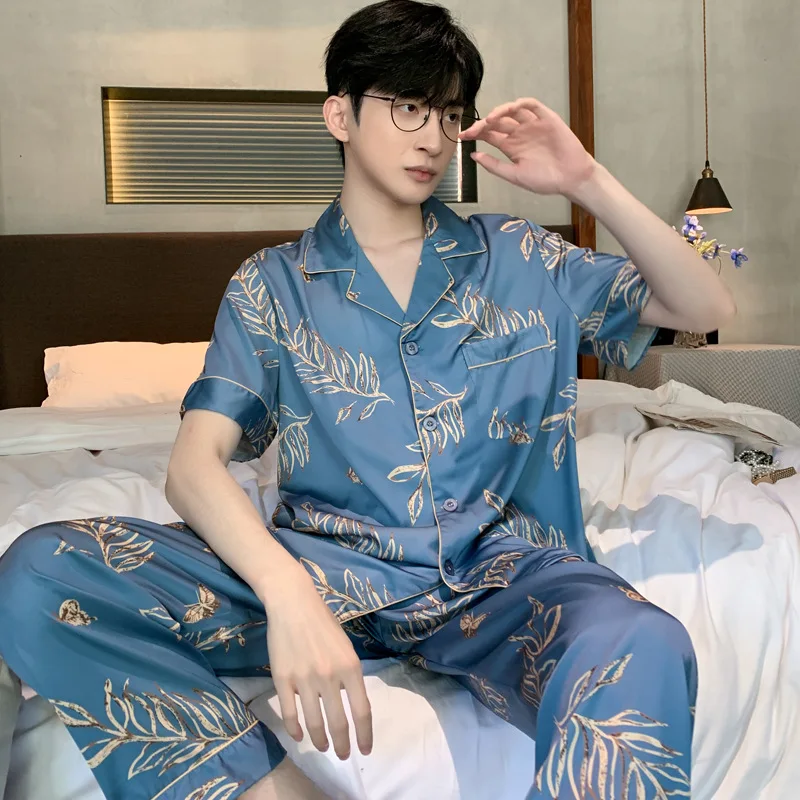 High Quality Satin Pajamas Set Spring Autumn Home Clothing Summer Thin Short Sleeved Ice Silk Long Large Size Sleepwear Set Male