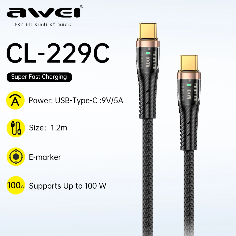 

Awei CL229 5A USB C Cable For iPhone 16 For Xiaomi/Huawei 100W PD Fast Charging For Macbook iPad Type C to Type C Cable E-marker