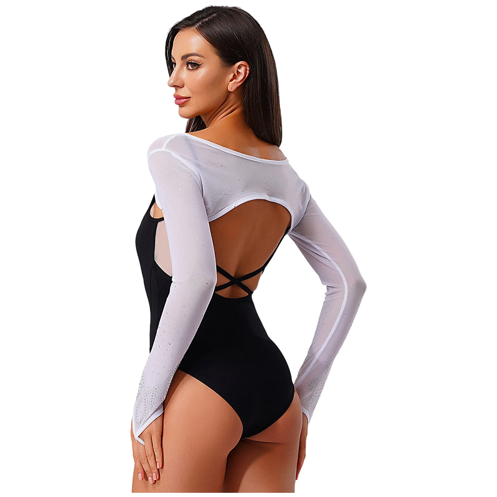 Coprispalle da balletto da donna Top in rete con strass Manica lunga Glitter Pullover Anti Snag Crop Top Ginnastica Danza moderna Top