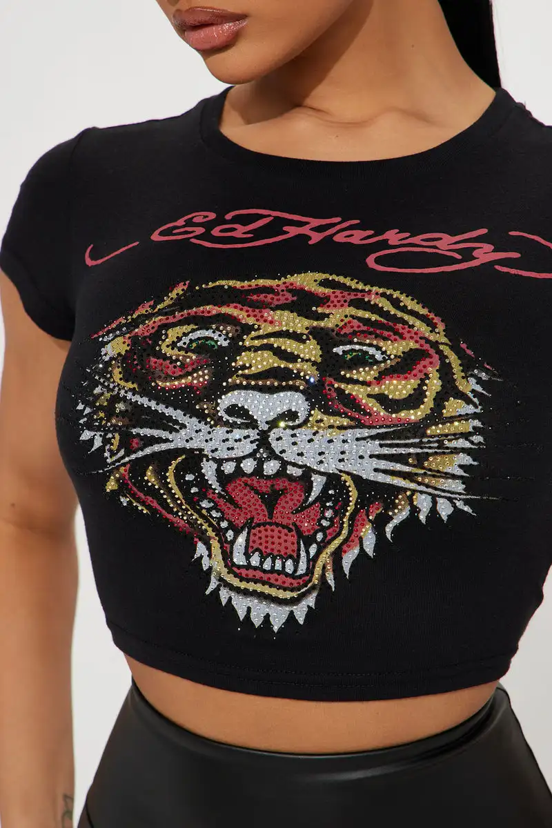 Y2k Women\'s Clothing Short Sleeved Round Neck Tiger Hot Diamond T-Shirt Gothic Graffiti Pattern High Streetwear Vintge Tops 2024