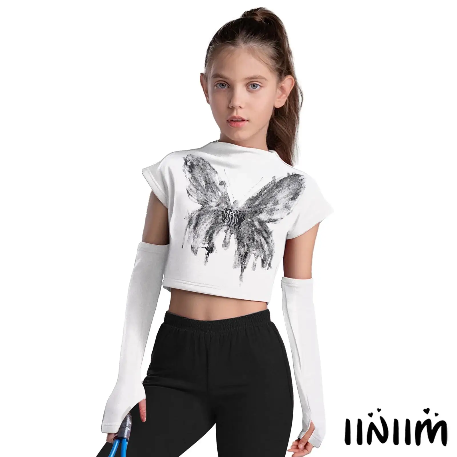 

Girls Hip-Hop Jazz Dance Costume Butterfly Printed Crop Top Mock Neck Sleeveless T-shirt with Thumbhole Gloves Jazz Dancewear