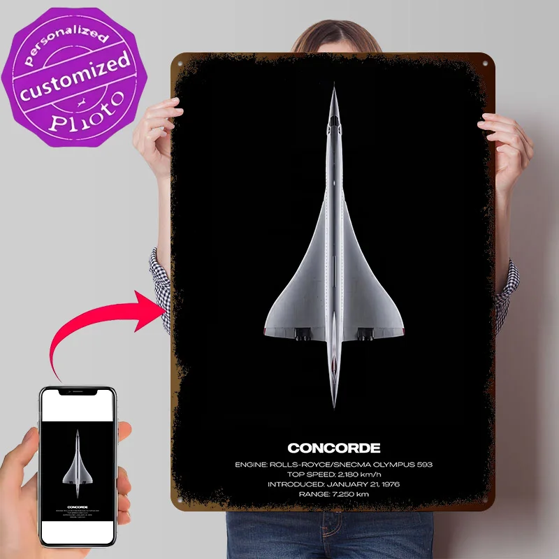 Concorde Supersonic Jet Poster Retro 3D Printed Metal Signs Customized Wall Hanging Gift for Room Accessories Tin Sign Wand Deko