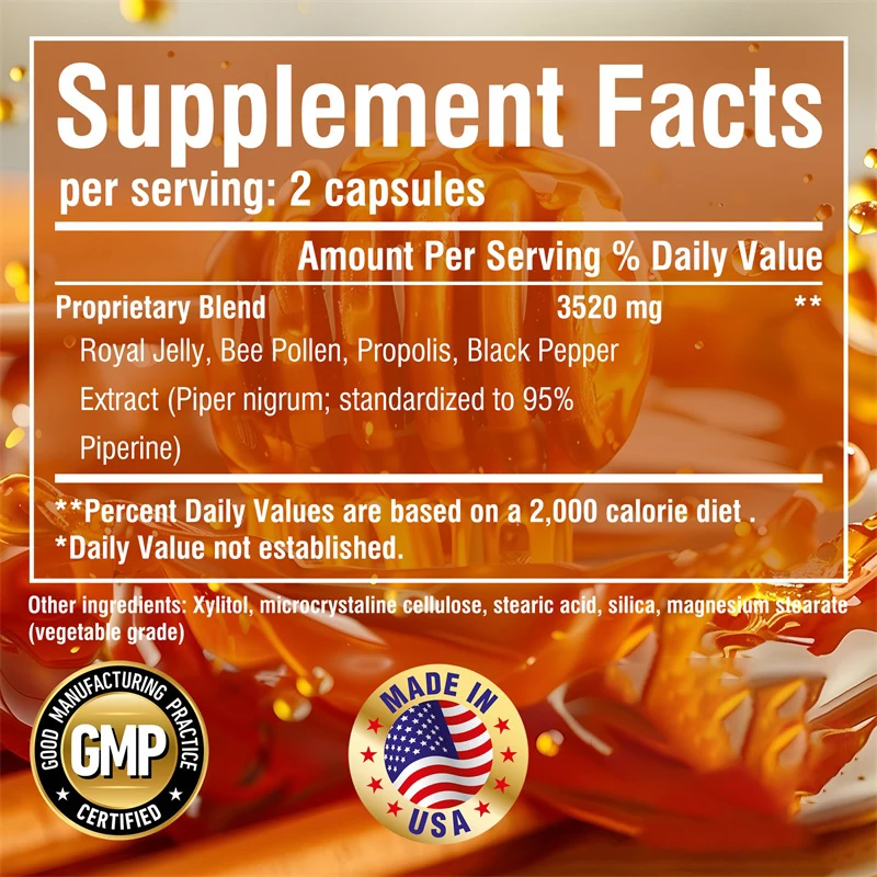 Bee Pollen Capsules - Supports Immune Health, Boosts Energy, Enhances Nutrient Absorption, and Provides Antioxidant Benefits