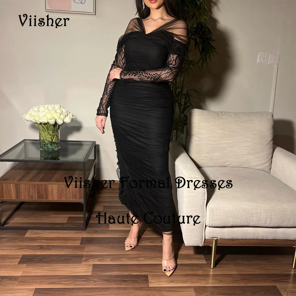 

Black Mermaid Evening Dresses Long Sleeve V Neck Formal Dress Arabian Dubai Prom Party Dress Ankle Length